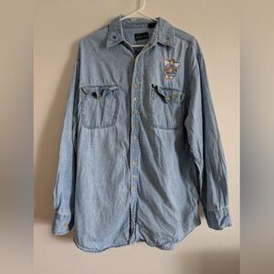 Basic Editions Denim Button Down Shirt Women's Sz Medium Angel Embroidery Cotton